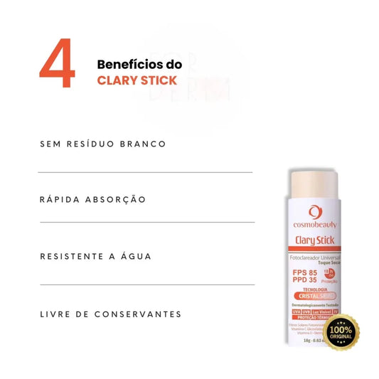 Cosmobeauty Clary Stick Toque Seco Clareador FPS 85 - Protetor Solar 18g