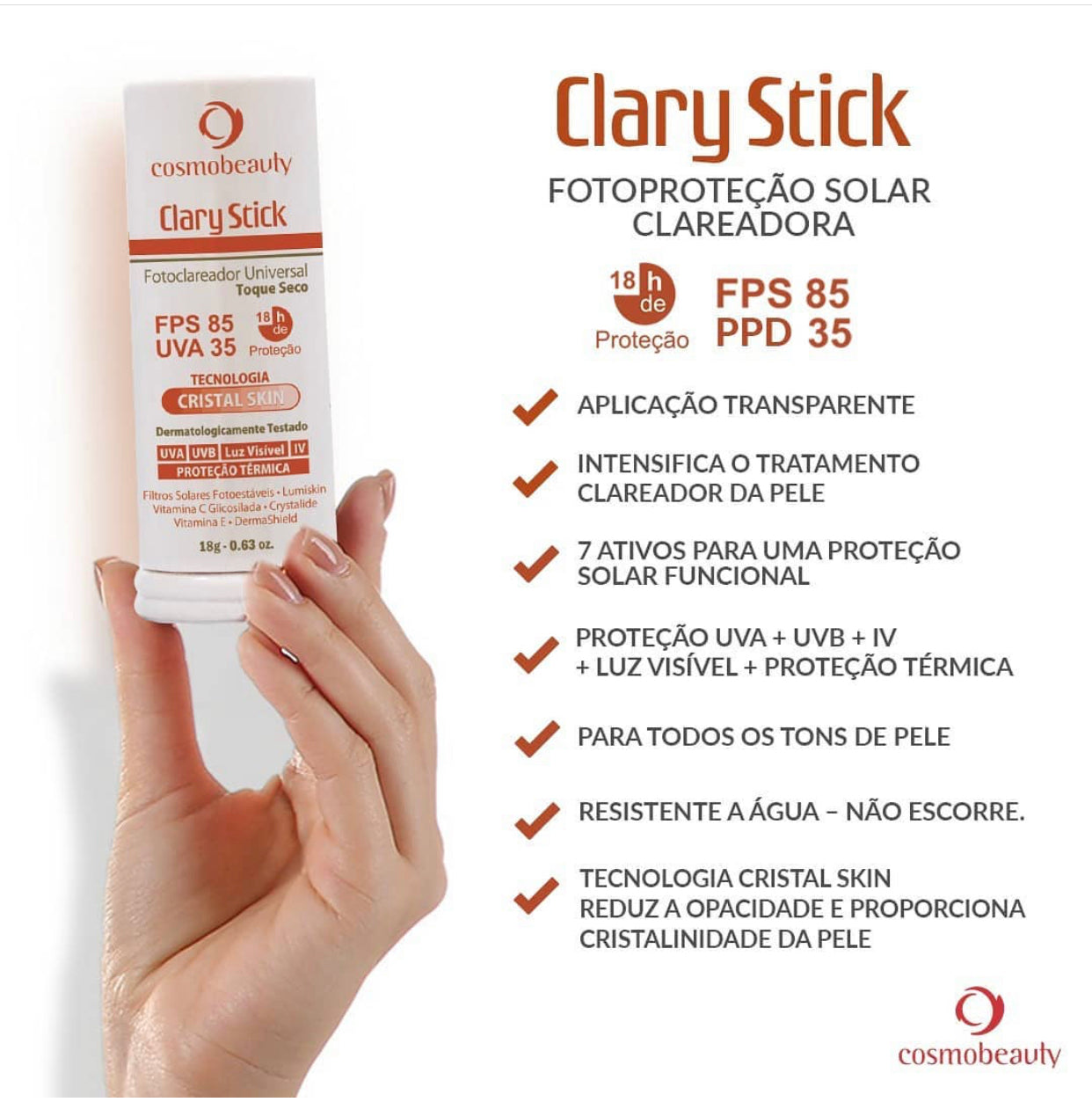 Cosmobeauty Clary Stick Toque Seco Clareador FPS 85 - Protetor Solar 18g