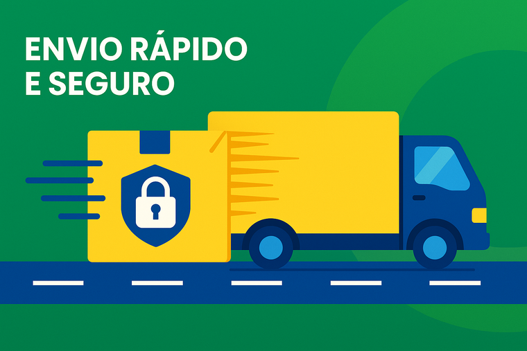 Imagem de envio rápido e seguro com caminhão de entrega em movimento, pacote com símbolo de cadeado e elementos que indicam velocidade e segurança